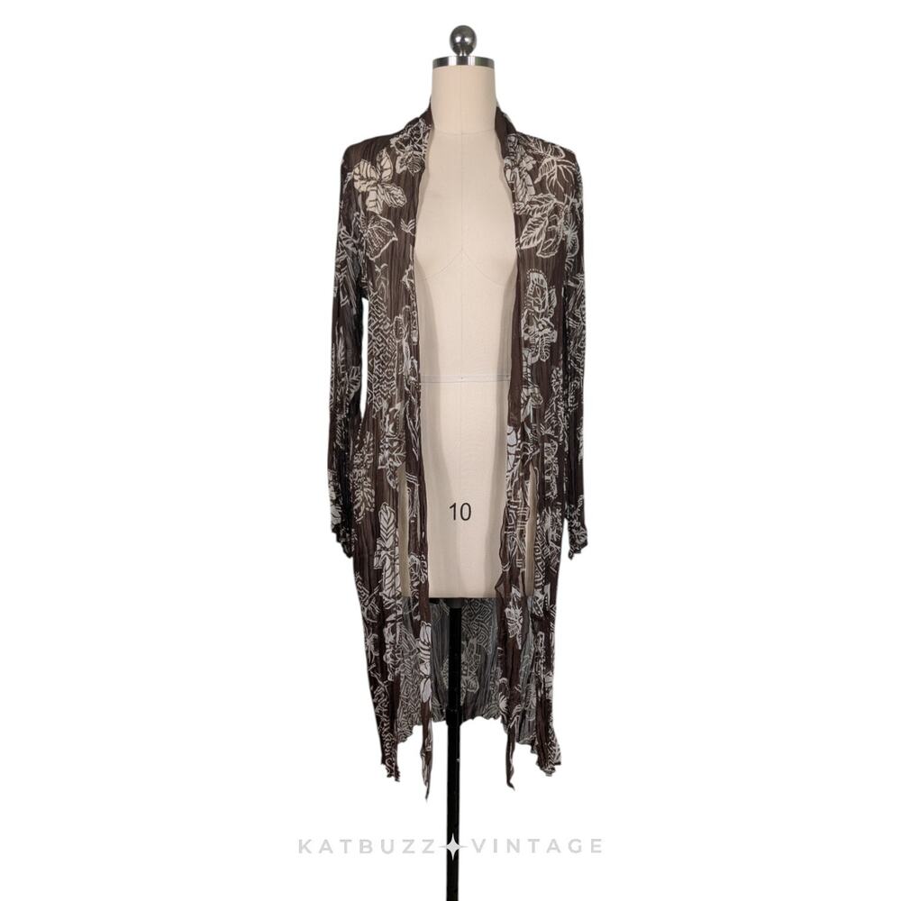 Chicos Crinkle Duster Cardigan L Brown Floral Vintage Y2K Coverup Sheer Beachy